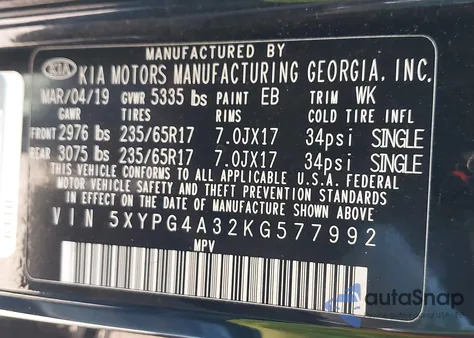 2019 Kia Sorento 2.4L L z USA, uszkodzony, nr VIN 5XYPG4A32KG577992